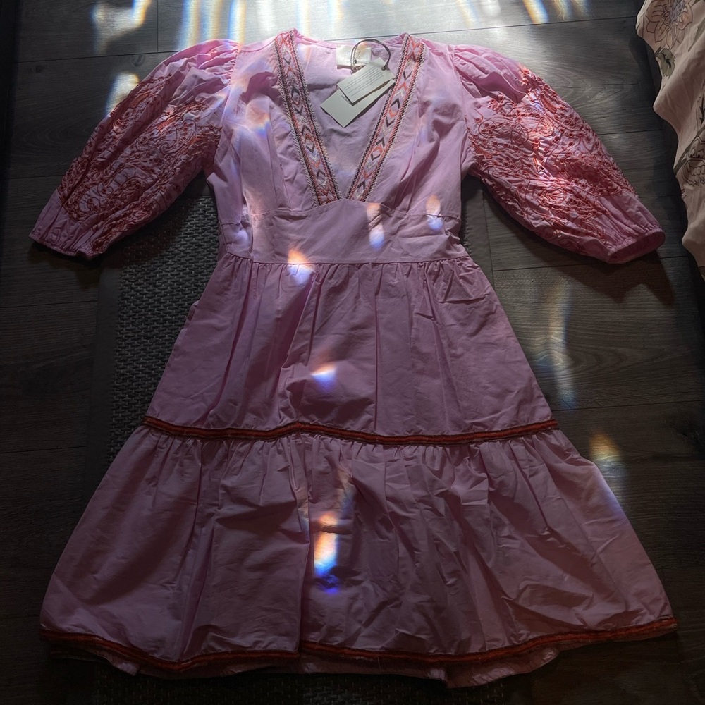 Pink Mini Dress with Puffed Sleeves and Tiered Skirt